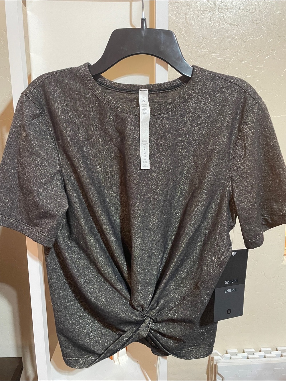 lululemon athletica Metallic Black Twist-Front Short Sleeve Top